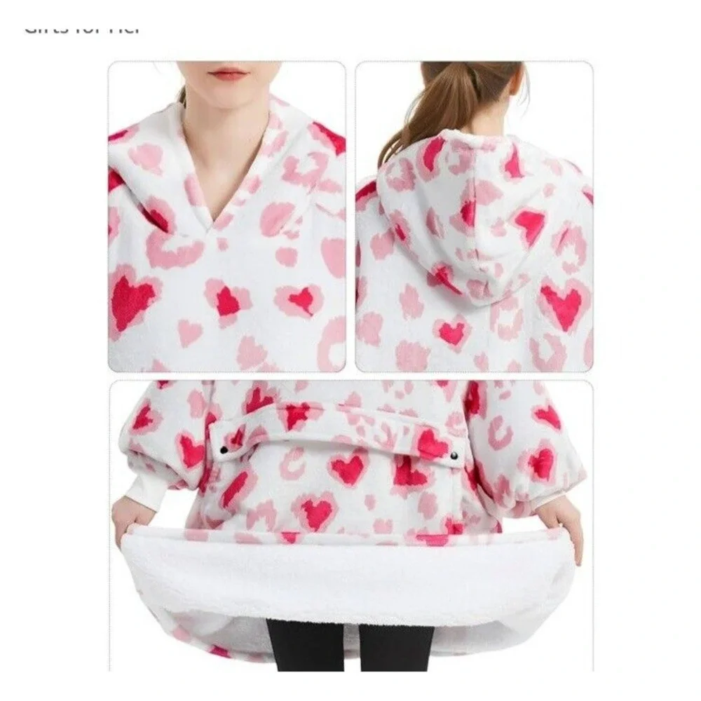Blanket Sweatshirt Hoodie Adults‎ Sherpa White w/ Pink HEARTS Oversized LOVE NEW